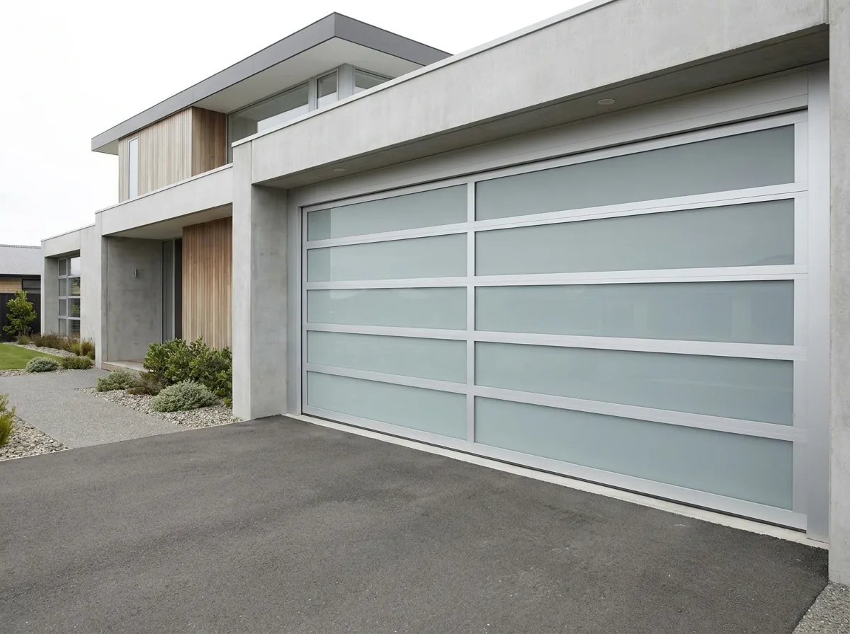 Contemporary flush garage door in anodised aluminium framing with wide bands of translucent frosted glass