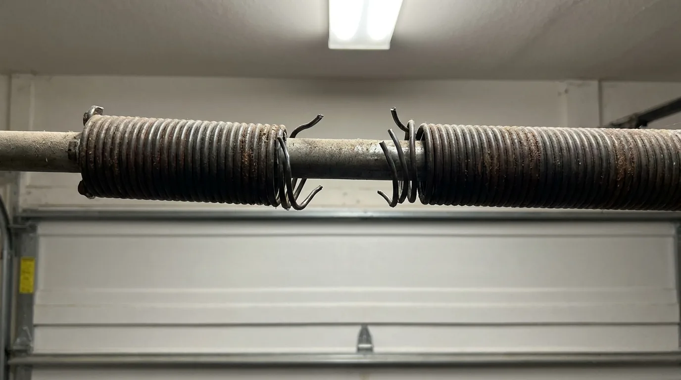 Snapped torsion spring on its shaft above a garage door, the coil separated with the ends splayed either side of the break