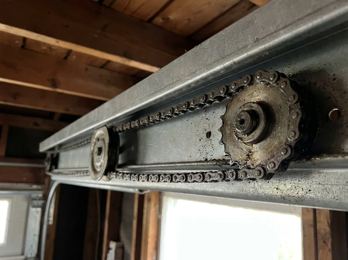 Steel roller chain running along the top of an opener T-rail, links and sprocket in close focus