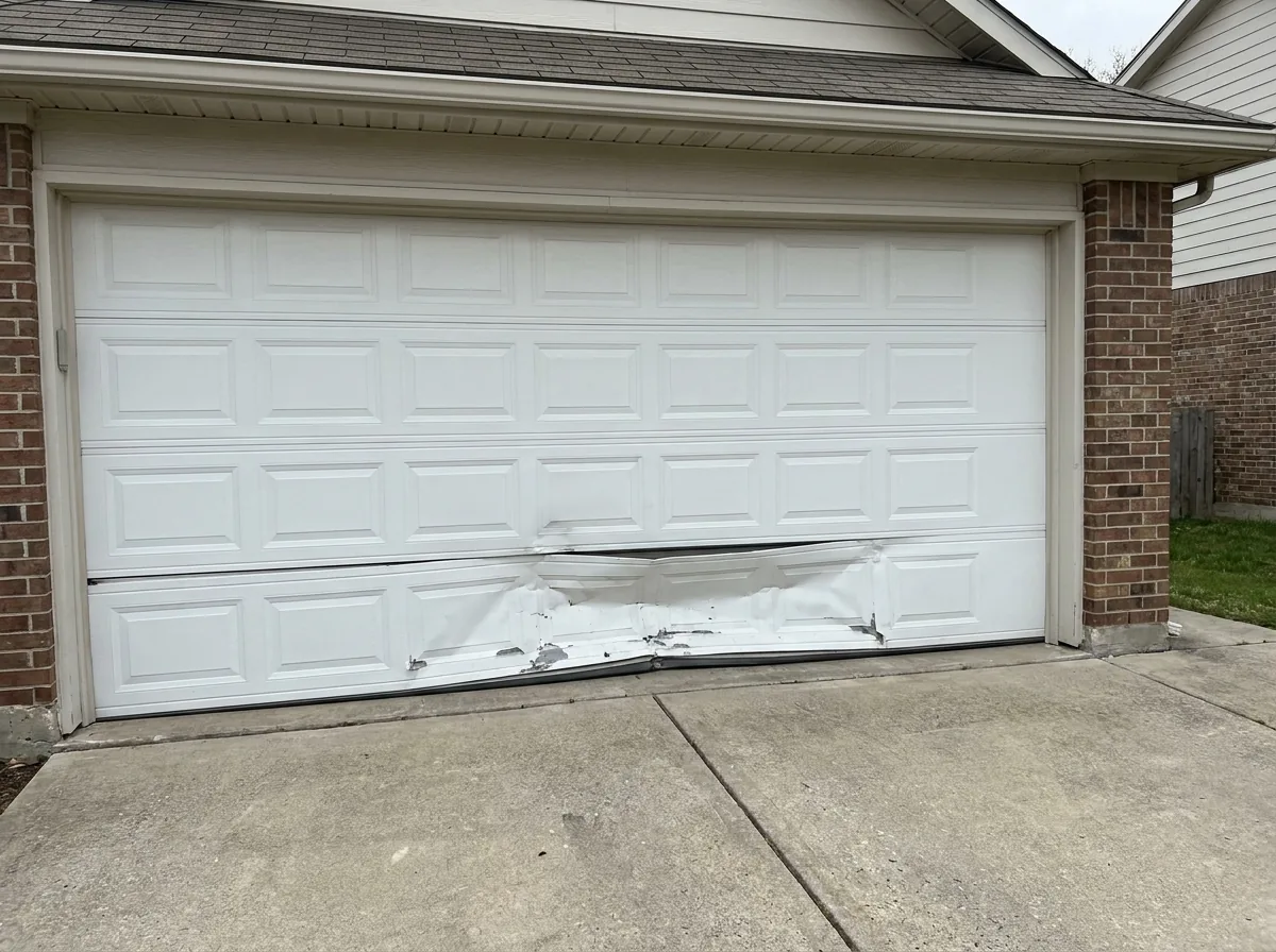 Garage door sections pushed inward by wind pressure, the bottom panel creased and the track bent at the jamb