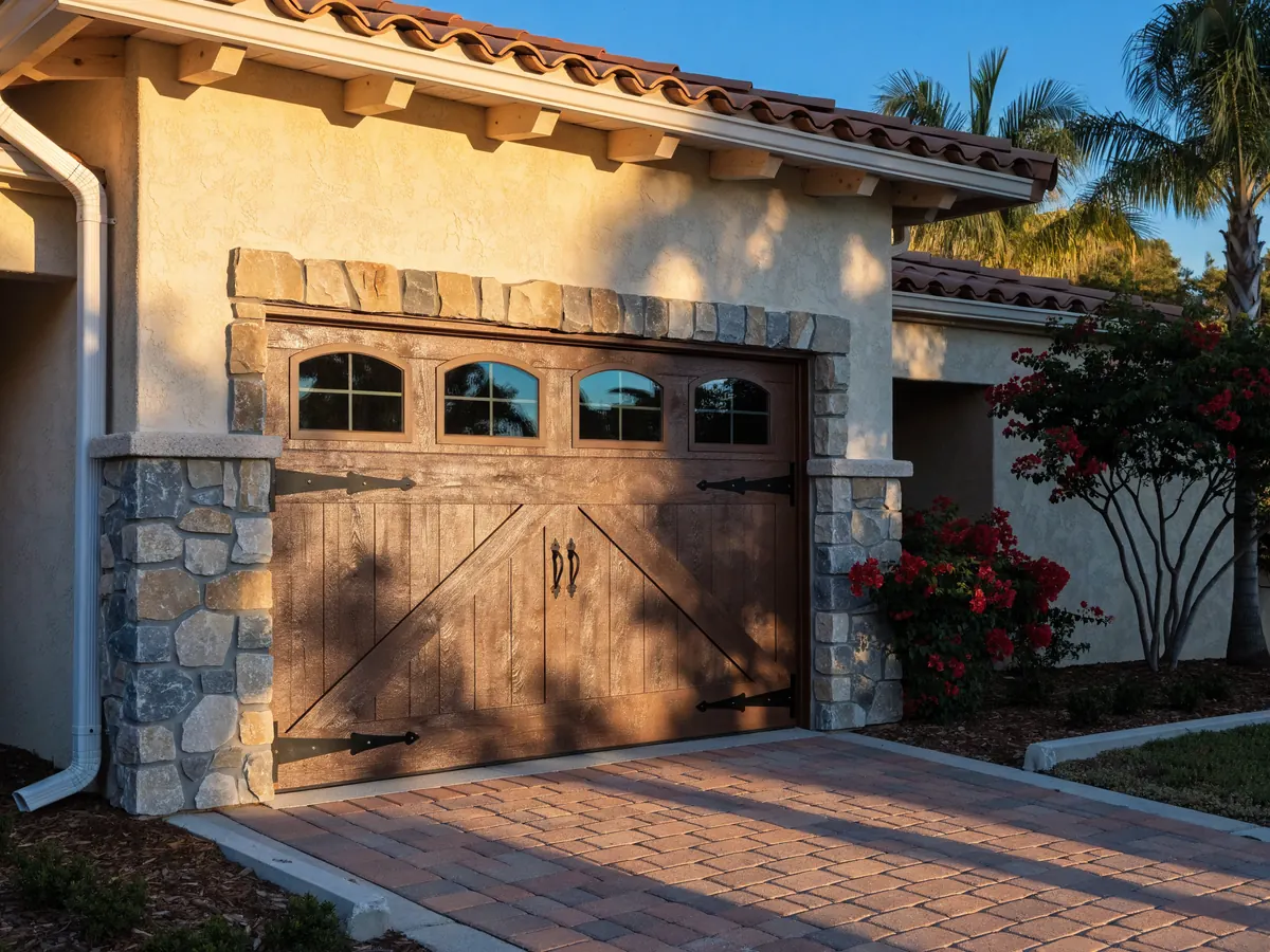 Steel carriage house garage door finished as dark stained timber with cross buck overlays, black strap hinges and four arched windows, on a Mediterranean stucco house
