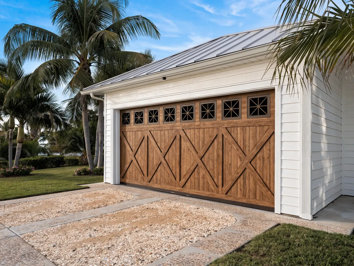 Composite carriage house garage door with a deep walnut woodgrain texture, cross buck overlays and grille windows, on a coastal cottage with white lap siding and a metal roof
