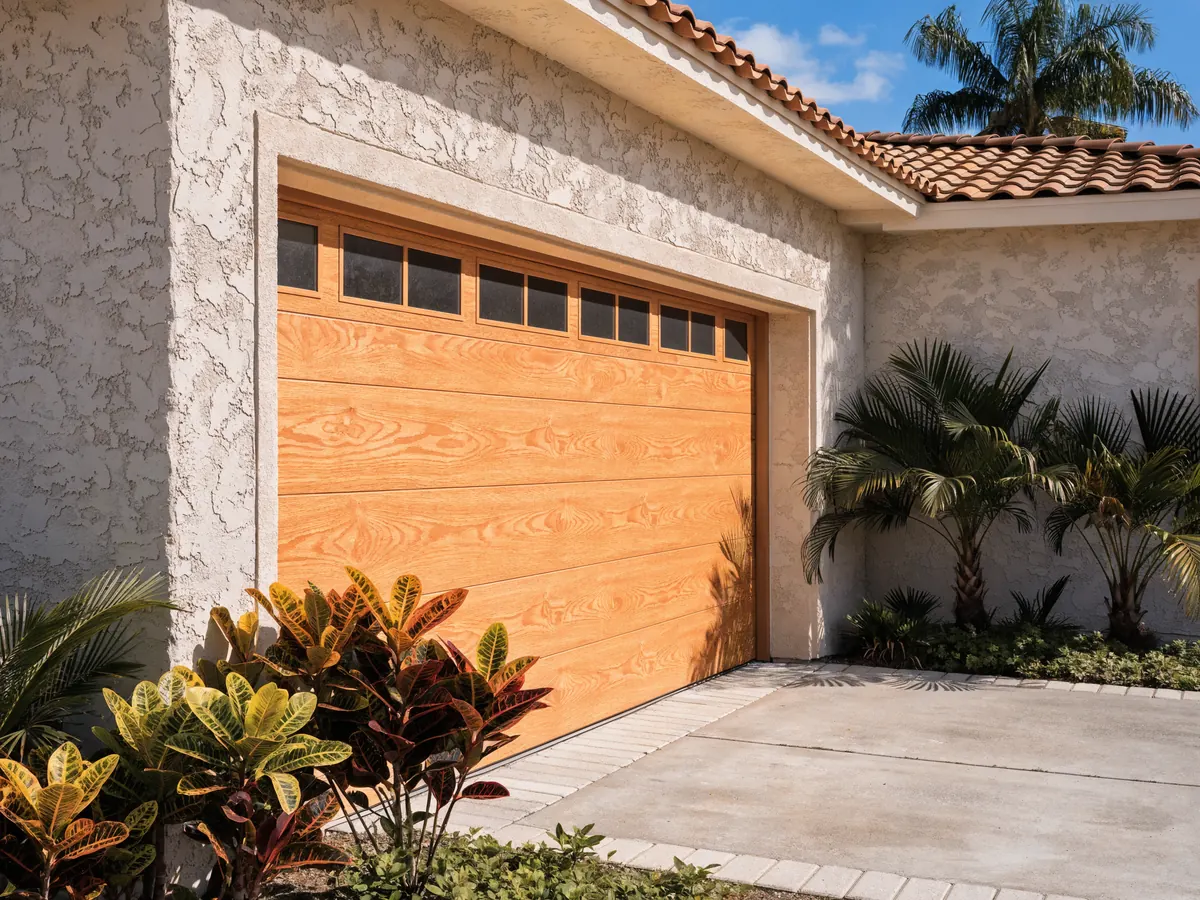 Fiberglass garage door with an oak woodgrain finish in honey tone, flush panels and a row of rectangular windows near the top, on a single storey stucco house with a tile roof