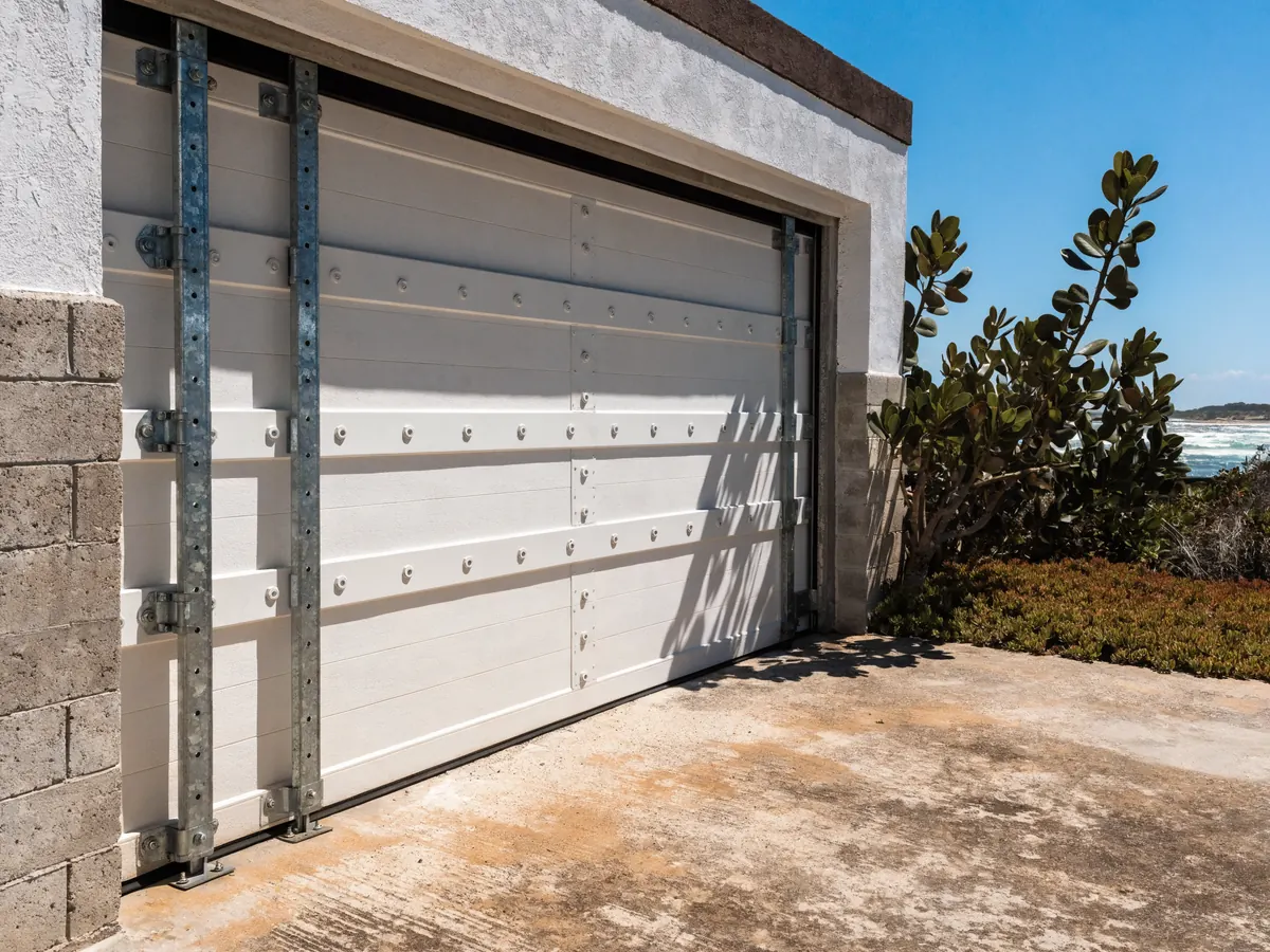 Impact rated white steel garage door standing half open on a coastal block house, the heavy horizontal reinforcing struts and galvanised vertical tracks visible on the inside face