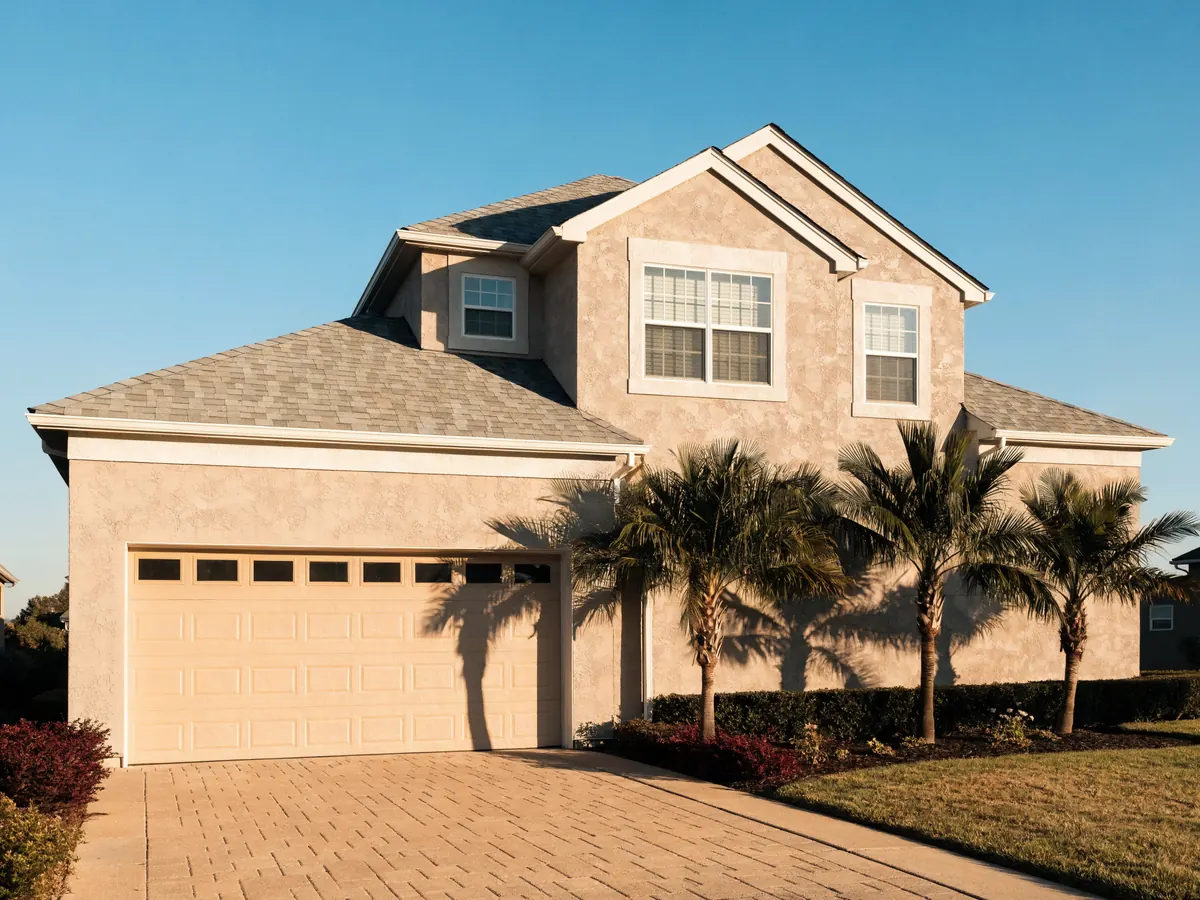 Almond coloured insulated steel garage door with long raised panels and four small windows across the top, closed on a two storey stucco house with a shingle roof