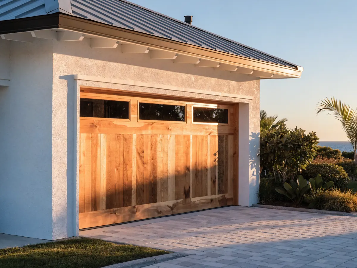 Solid cedar garage door in a clear finish showing real vertical plank grain and visible joinery, with three windows in the top rail, on a coastal house with a standing seam metal roof