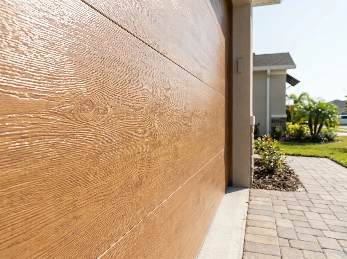 Fiberglass garage door with a moulded woodgrain finish in oak tone, the composite sheen visible across the surface