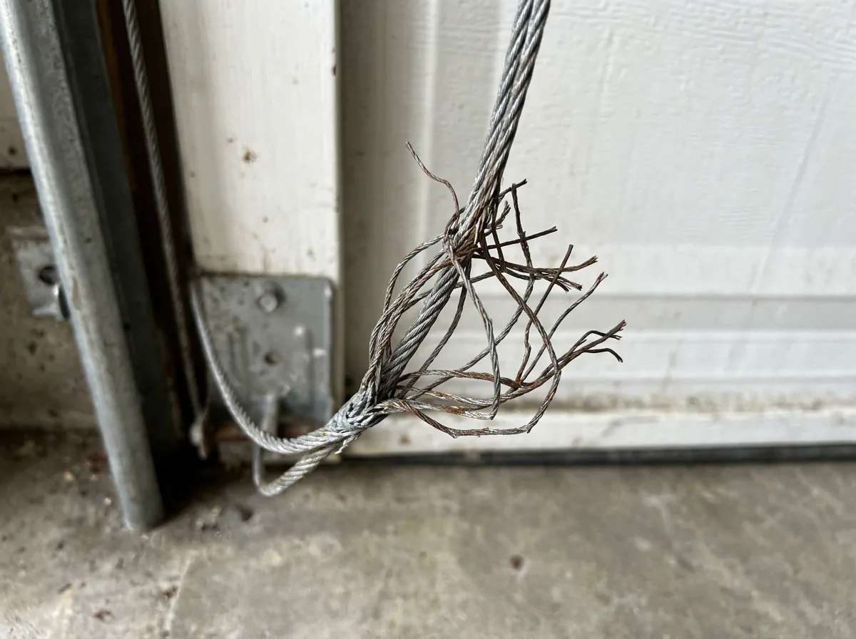 Frayed galvanised lift cable at the bottom bracket, individual wire strands broken and splayed outward with rust staining