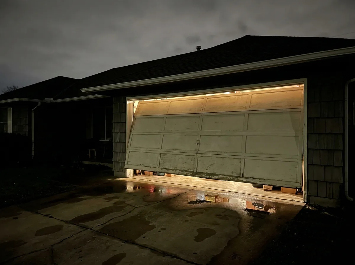 Garage door jammed a third of the way open at night, light spilling out from inside across a wet driveway