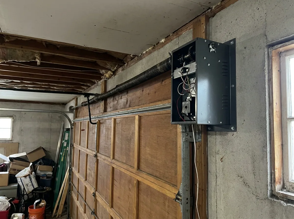 Wall mounted jackshaft opener bolted beside the door opening driving the torsion shaft, the garage ceiling left completely clear