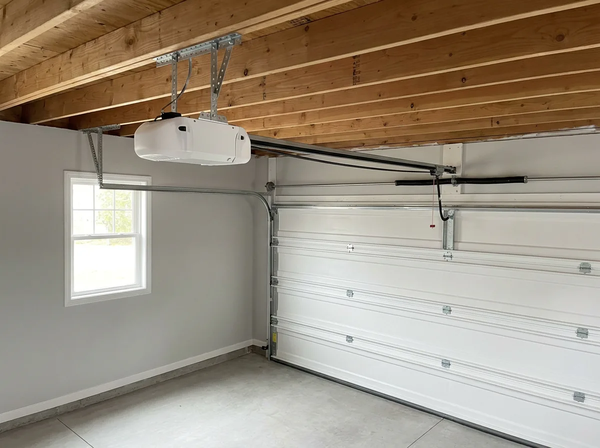 Newly installed belt drive opener on garage ceiling joists, rubber belt running along the rail to the trolley and door arm