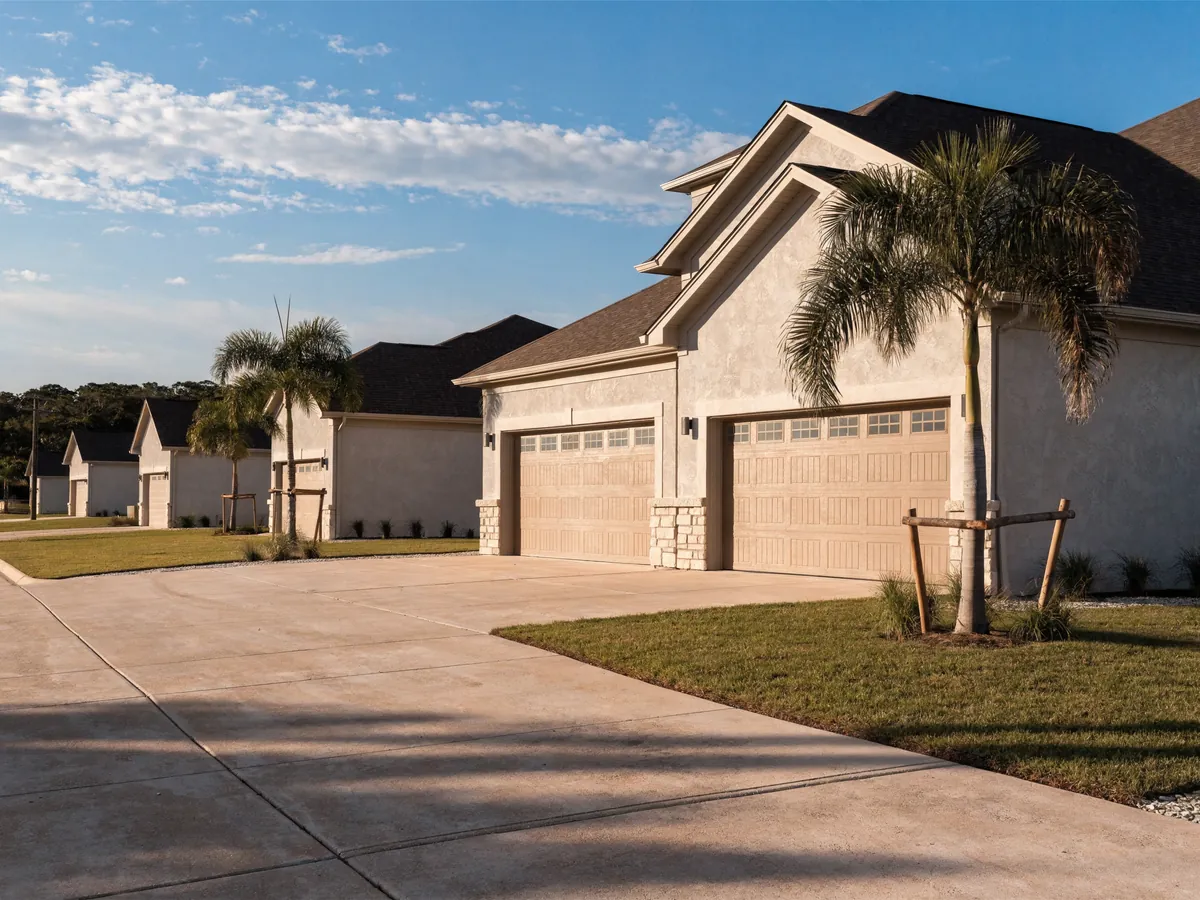Three car garage on a new two storey house in a master planned Florida subdivision, a double door and a single door in matching tan