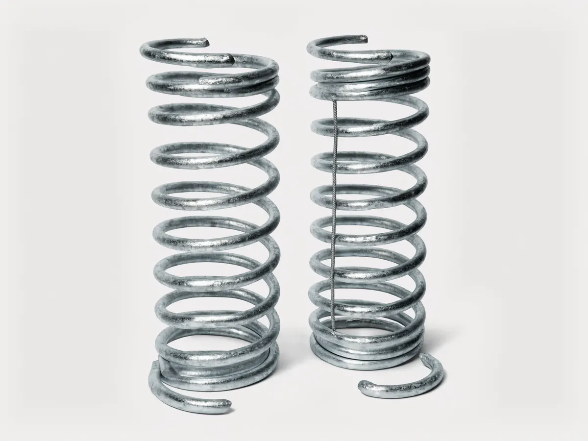 Pair of garage door extension springs with hooked loop ends, one threaded with a safety containment cable through the centre of the coil