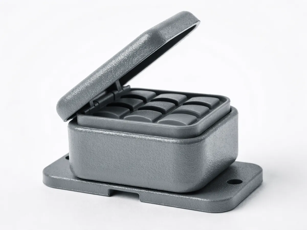 Wireless garage door keypad with the flip up weather cover raised, showing the grid of rubber buttons on its backplate