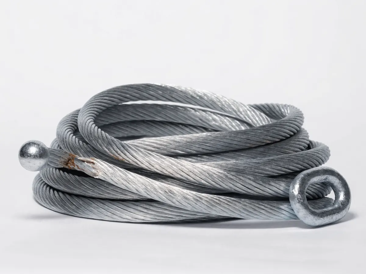 Coiled galvanised garage door lift cable with a swaged stop ball at one end, and a section where the wire strands have frayed and splayed outward