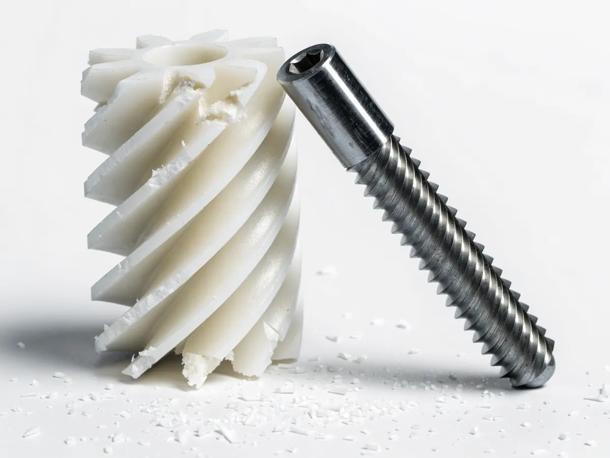Garage door opener drive gear with several nylon teeth stripped away, beside its steel worm shaft, with fine white plastic shavings scattered around