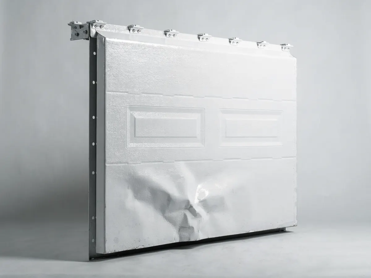 Single white steel garage door section standing upright, with two raised panel embossings, an end stile, a top edge hinge bracket and a deep dent creasing the lower half