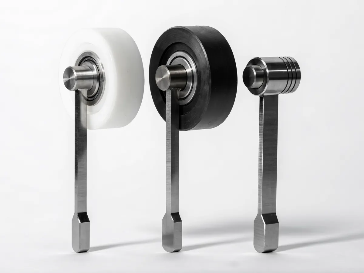 Three garage door rollers side by side, a white nylon wheel on a sealed bearing, a black nylon one and a bare steel one, each on a long stem