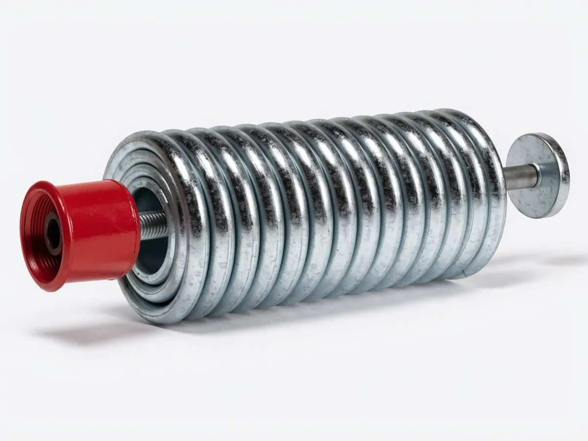 Garage door torsion spring on a short length of shaft, a tight helical coil of square section steel wire with a red winding cone at one end