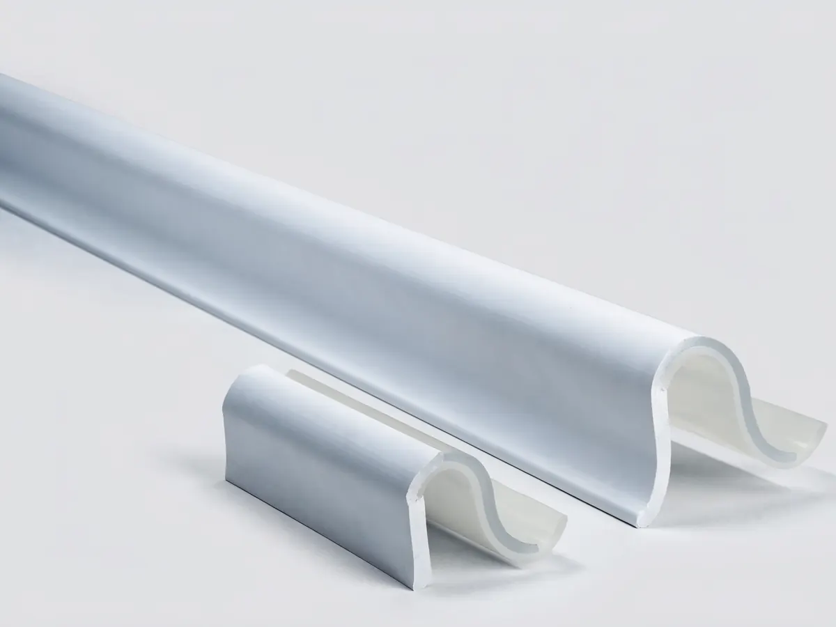White vinyl garage door perimeter stop moulding with the integral flexible flap gasket along one edge shown in profile