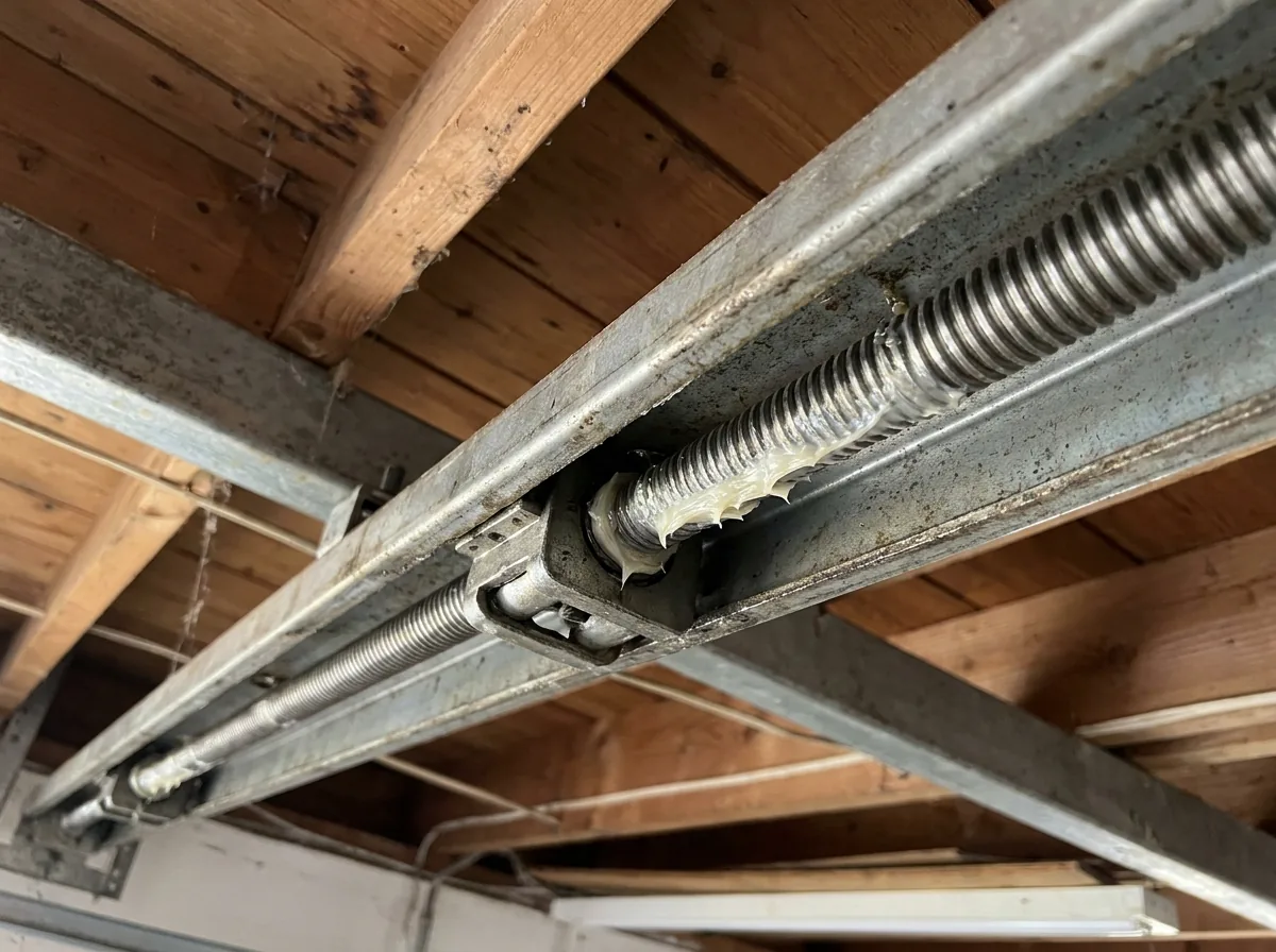 Threaded steel screw shaft running down the centre of an opener rail, coated in white lithium grease, trolley riding on the thread