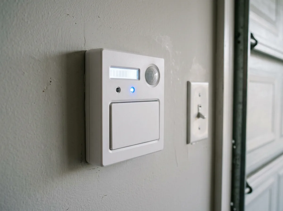 Smart garage door wall console with a backlit display, motion sensor lens and a lit status indicator, mounted beside the door