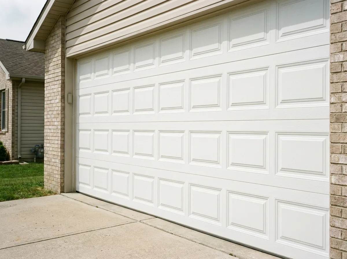 White pressed steel raised panel garage door, showing the stamped panel texture and crisp shadow lines