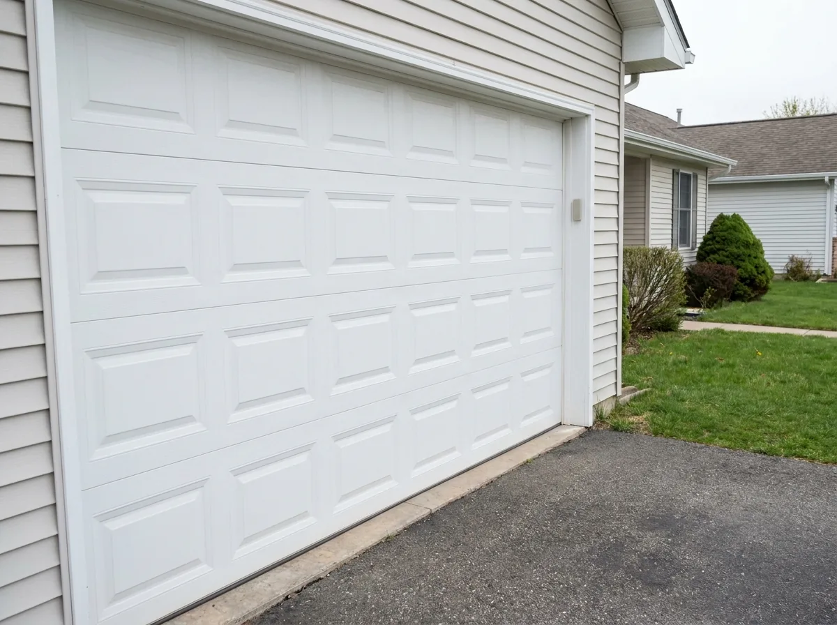 Plain white vinyl garage door with shallow recessed panels and a soft low sheen surface