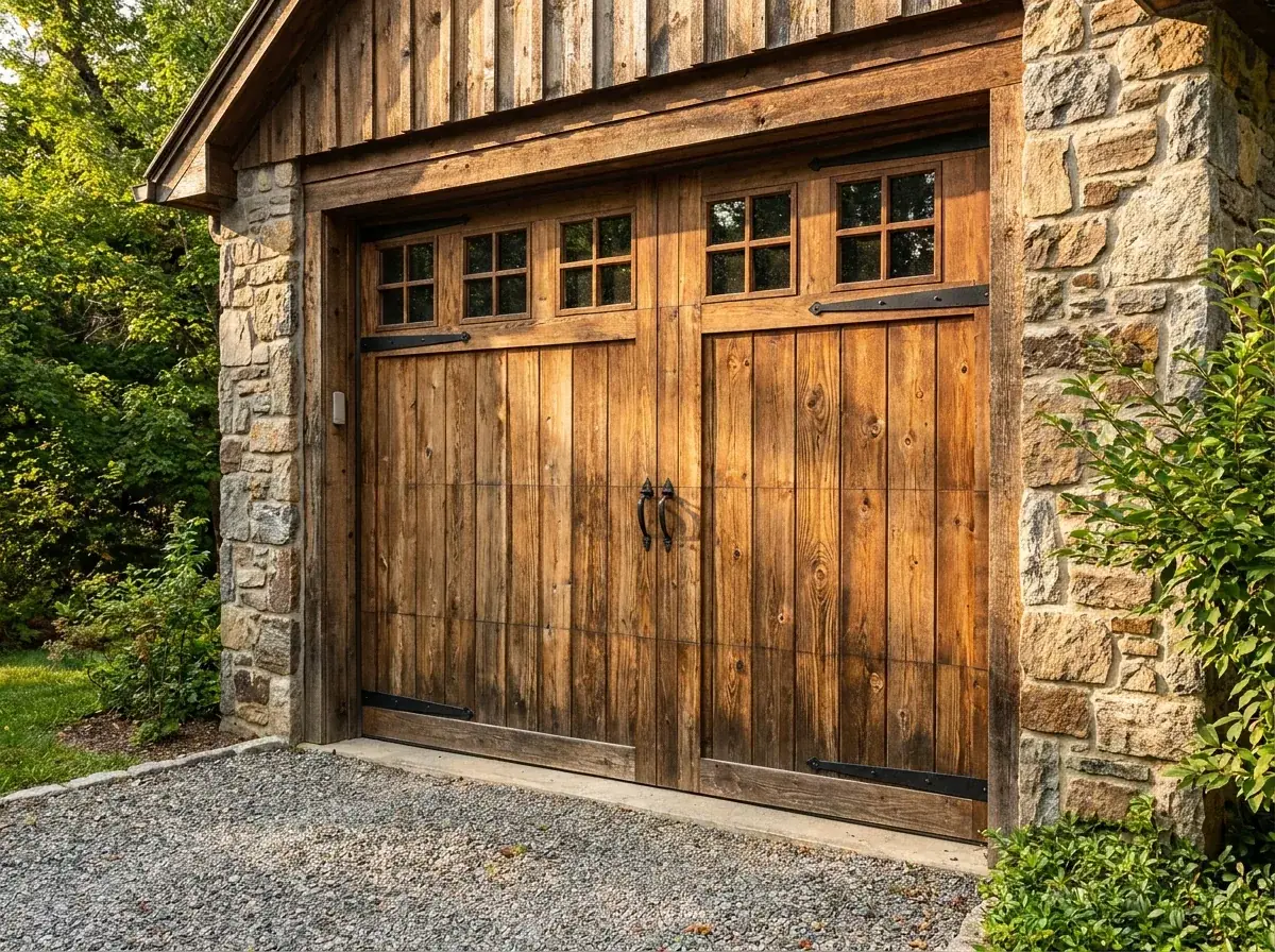 Stained cedar carriage house garage door with visible timber grain, black strap hinges and square upper windows