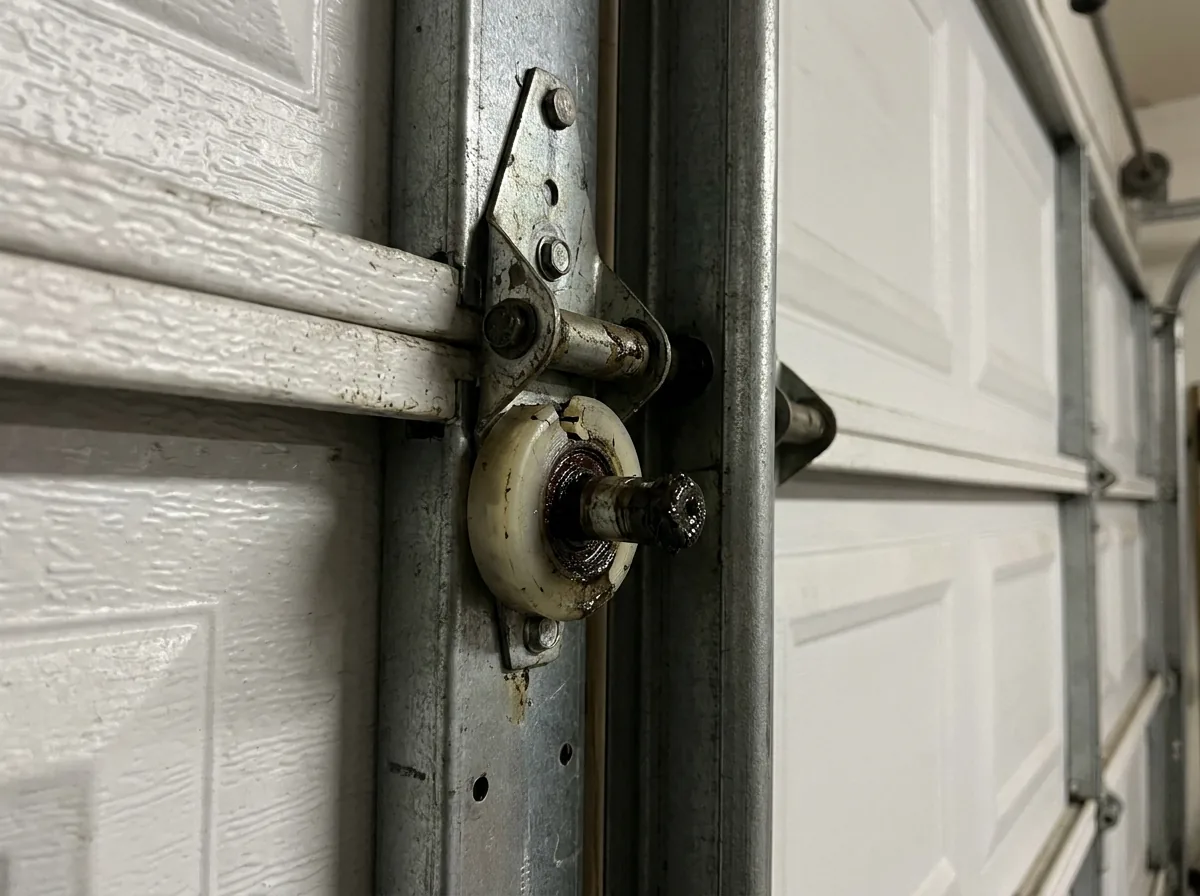 Worn garage door roller in its hinge, nylon wheel cracked and bearing seized, with grease staining around the stem